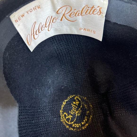 Vintage black wool bucket hat 2 lucite amber balls Adolfo Realites Small 21” - Picture 9 of 10